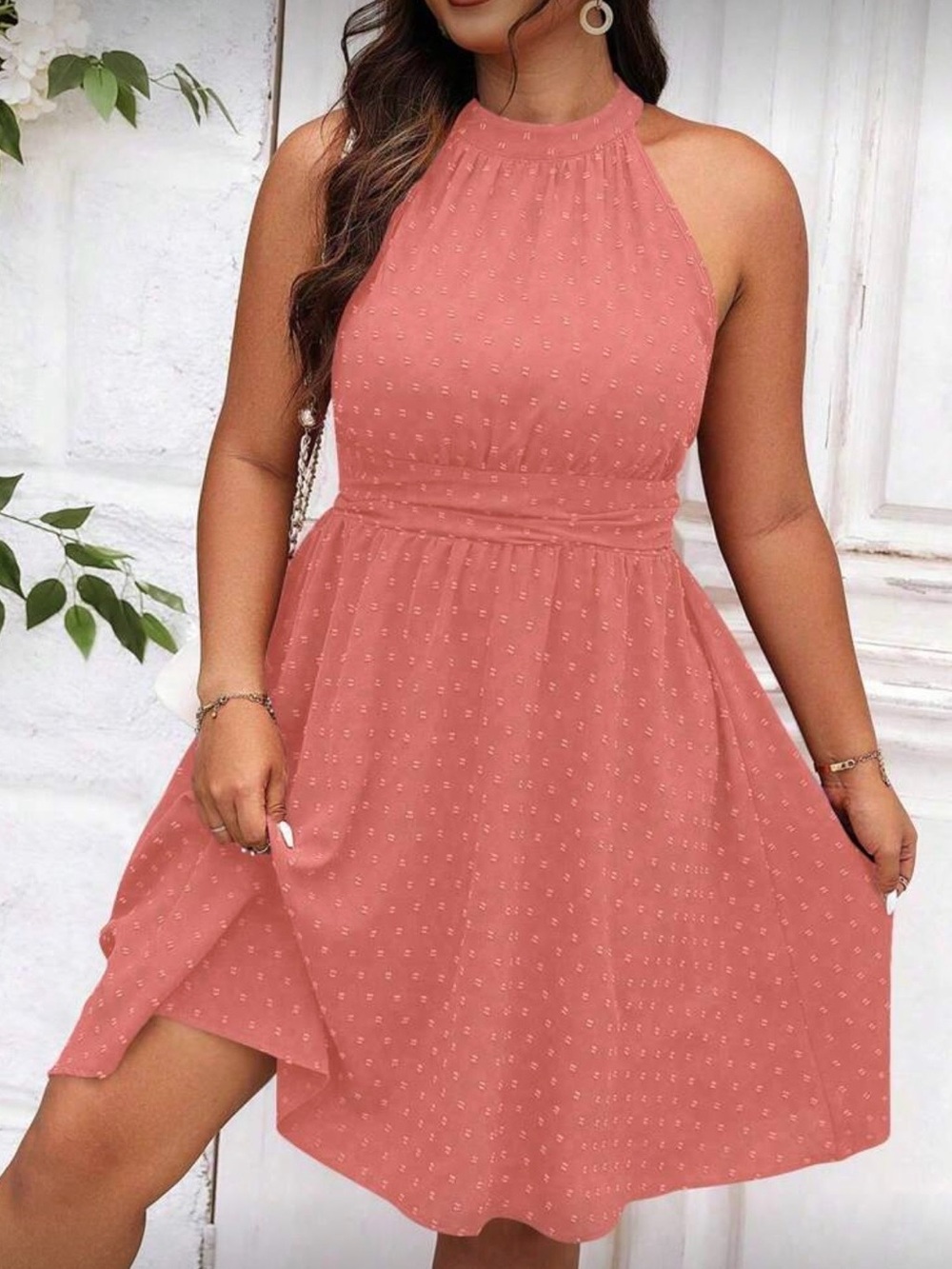 SHEIN Coral Halter Mini Dress with Subtle Dot Texture